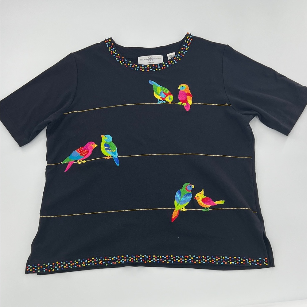 Marissa Christina Black Tee embroidered Colorful Birds‎ beaded resort tropical